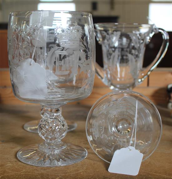 A group of Webb wheel engraved glass vessels, commemorating the Coronation of QEII in 1953, 19cm - 20cm
